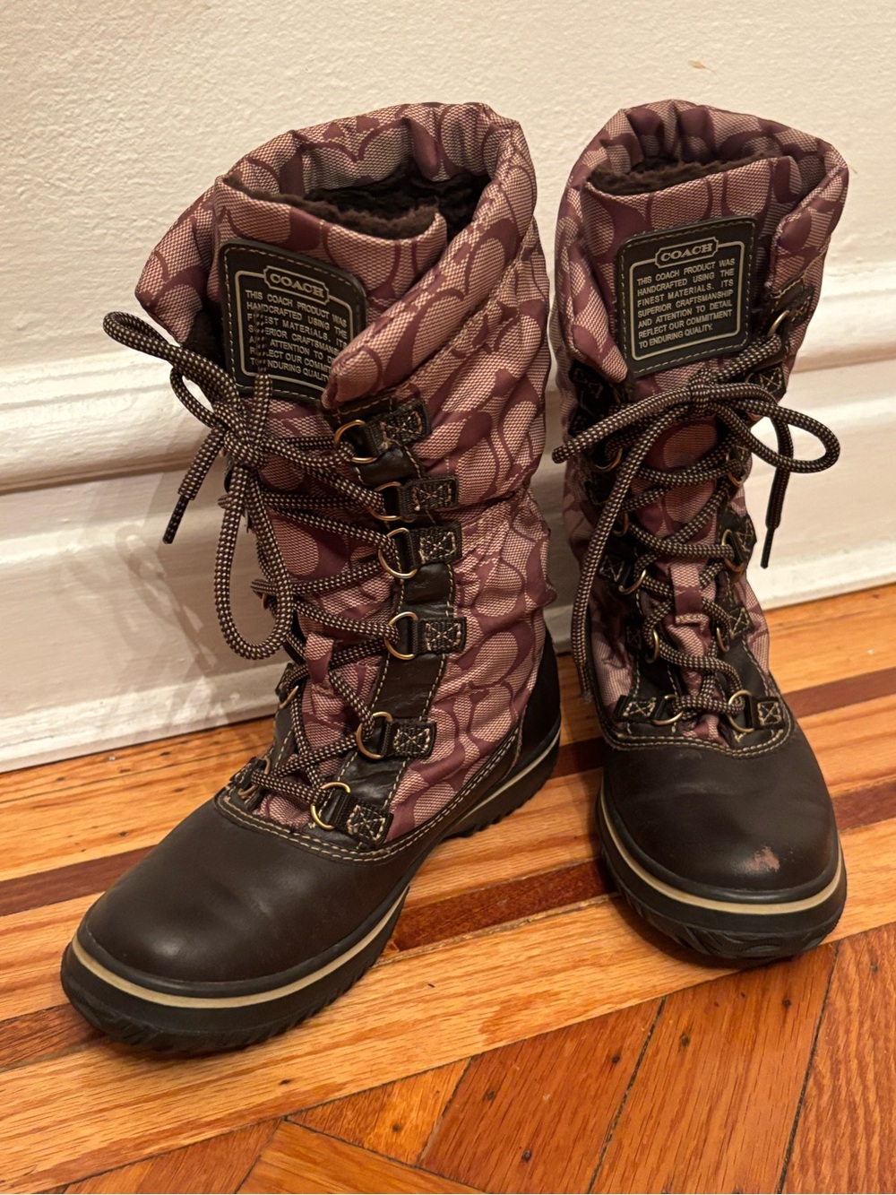 Coach Brown and Taupe Signature Quilted Lace-Up Winter Boots